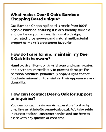 Deer &amp;amp; Oak bamboo board features, care instructions, and contact info