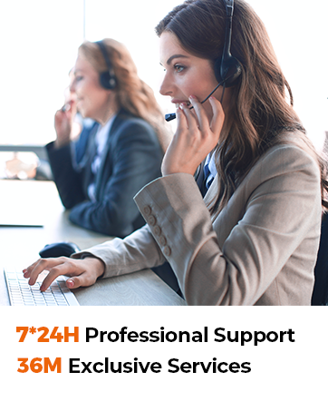 Two women wearing headsets at desks with laptops, one in foreground speaking. Text overlay: '7*24H Professional Support 36M Exclusive Services'.