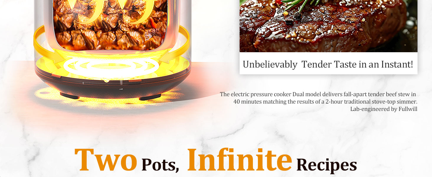 Tested at Fullwill lab, this model Dual cooks up to 70% faster than traditional cooker