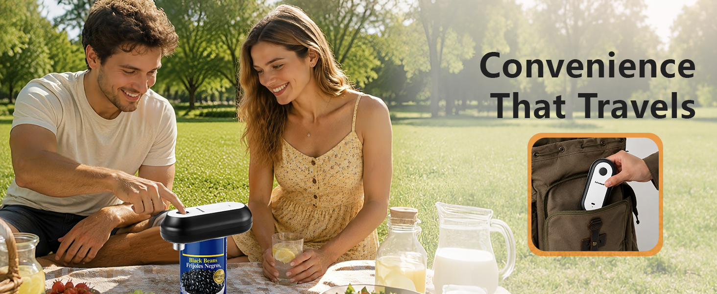 Compact auto can opener with a cordless design, ideal for convenient use at home, camping, etc.