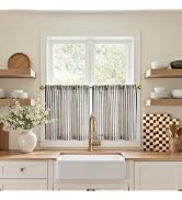 jinchan Striped Linen Kitchen Tier Curtains, 20 Inch, Jet Black, 2 Panels | Light-filtering linen...