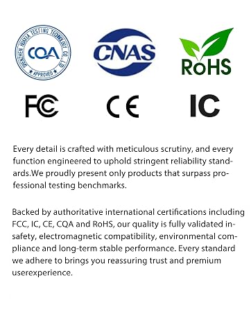 Text reads "CQA", "CNAS", "RoHS", "FCC", "CE", "IC", followed by certification statement about meticulous craftsmanship and function engineering. Quality assurance and international certification compliance badges displayed.