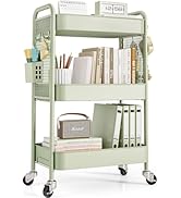 TOOLF 3 Tier Rolling Cart Storage Organizer, Metal Rolling Utility Cart with Wheels, Hooks &amp; Bins...