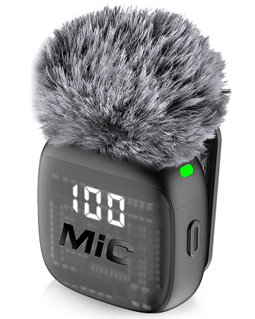Text reads 'MIC', '100'. Black wireless microphone device with fuzzy windscreen attachment, digital display showing battery level, and green indicator light.