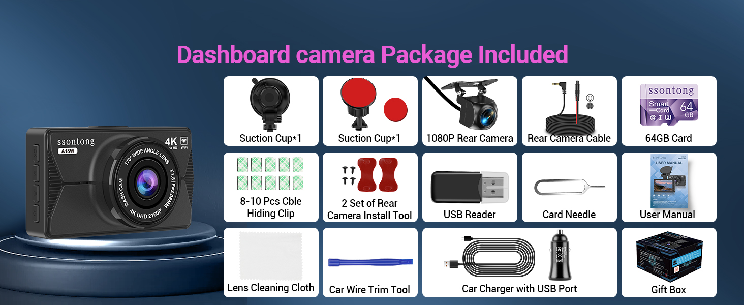 Dashboard camera package with main camera unit and multiple accessories including mounts, cables, and memory card. Text indicates 'Dashboard camera Package Included'.
