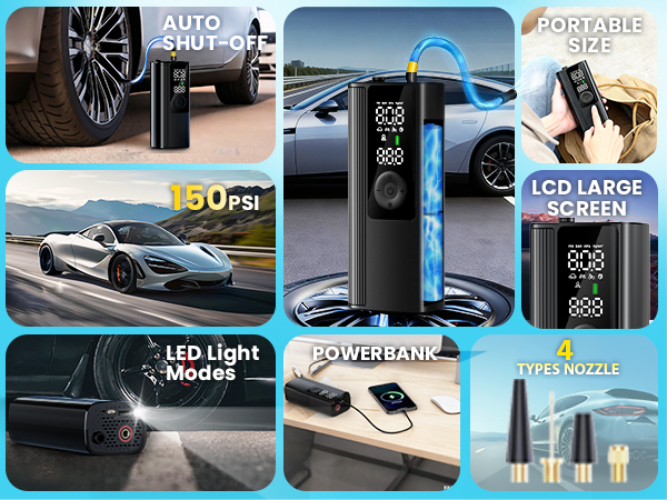 tire inflator for car tires, bycicle, balls, portable air compressor