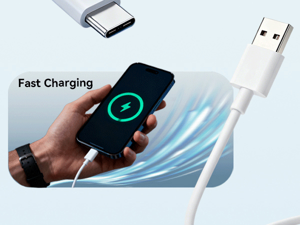Text reads 'Fast Charging'. Multiple views of a charging cable or adapter with blue LED indicator light, shown connected to device.