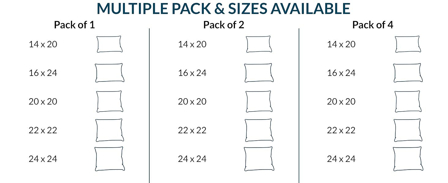12x12 12x20 14x14 16x16 18x18 20x20 17x17 16x24 22x22 24x24 26x26 pack of 1 pack of 2 pack of 4 soft