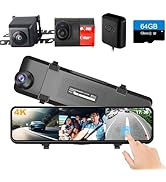 4K 3 Channel Mirror Dash Cam, 11" Triple Rear View Mirror Dash Camera Front Inside Rear for Car R...