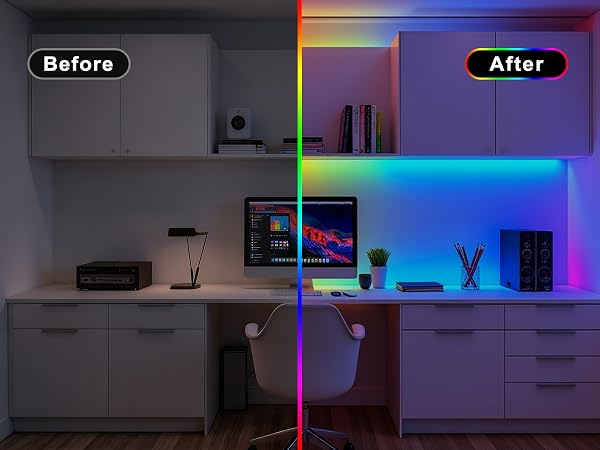 Before/After comparison showing room lighting setup. Left side shows warm ambient lighting; right side displays same room with RGB color-changing LED lighting system installed.