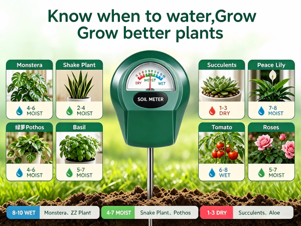 Soil moisture level guide chart, soil moisture meter for different houseplants and garden plants