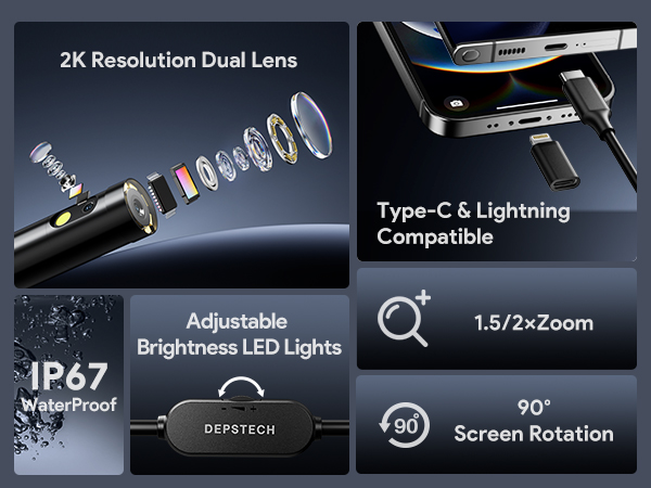 DEPSTECH Endoscope Camera with Ligh Dual Lens Inspection Borescope for iPhone &amp;amp;amp; Android