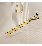 Neodrain 24-Inch Gold Linear Shower Drain, 2-in-1 Flat &amp; Tile insert Cover, Stainless Steel Linea...