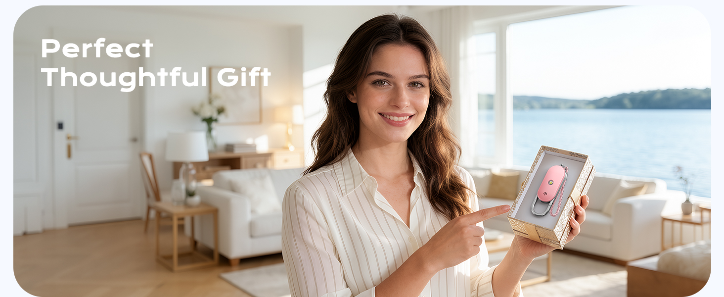 Text reads 'Perfect Thoughtful Gift'. Woman in beige cardigan holding smartphone displaying app interface in modern home with coastal view and gift boxes.