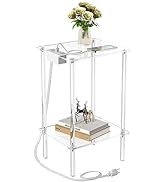 Eglaf Acrylic End Table with Charging Station - 2 Tiers Small Side Table/Bedside Table with USB P...