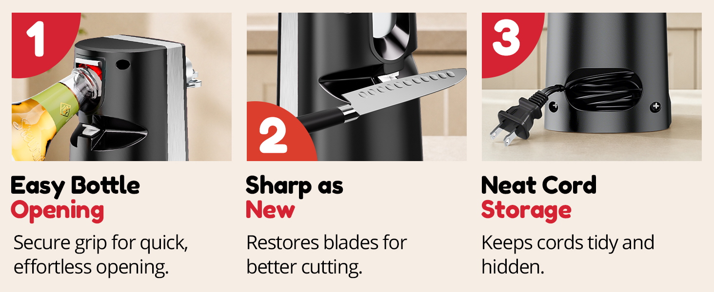 NK-0709 Multi-use can opener with bottle opener, knife sharpening slot and tidy cord storage