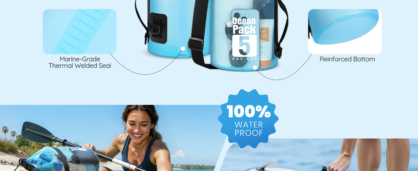 The waterproof dry bag includes an upgraded phone pouch and a loud dual-tone emergency whistle