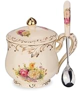 YOLIFE Tea Cup with Lid, 12 OZ Vintage Ceramic Tea Cup with Lid and Spoon, Flowering Shrubs Teacu...