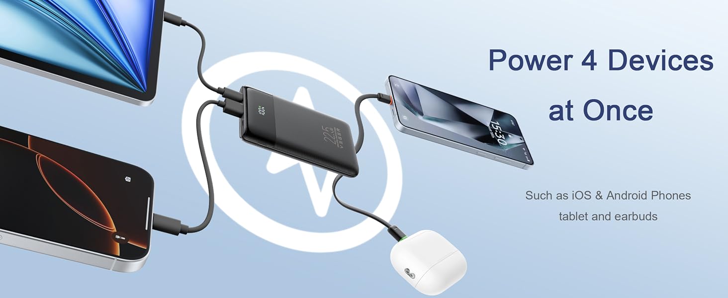 4 Ways of Charging, Power 4 devices such as iOS Android Phones tablet and earbuds simultaneously