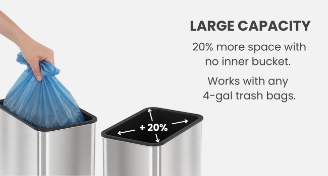 4-gallon trash can with 20% more space, fits 4-gallon bags