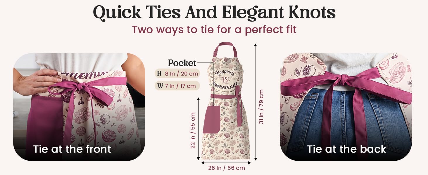 Adjustable wrap-around apron for women with long ties for a perfect front or back fit.