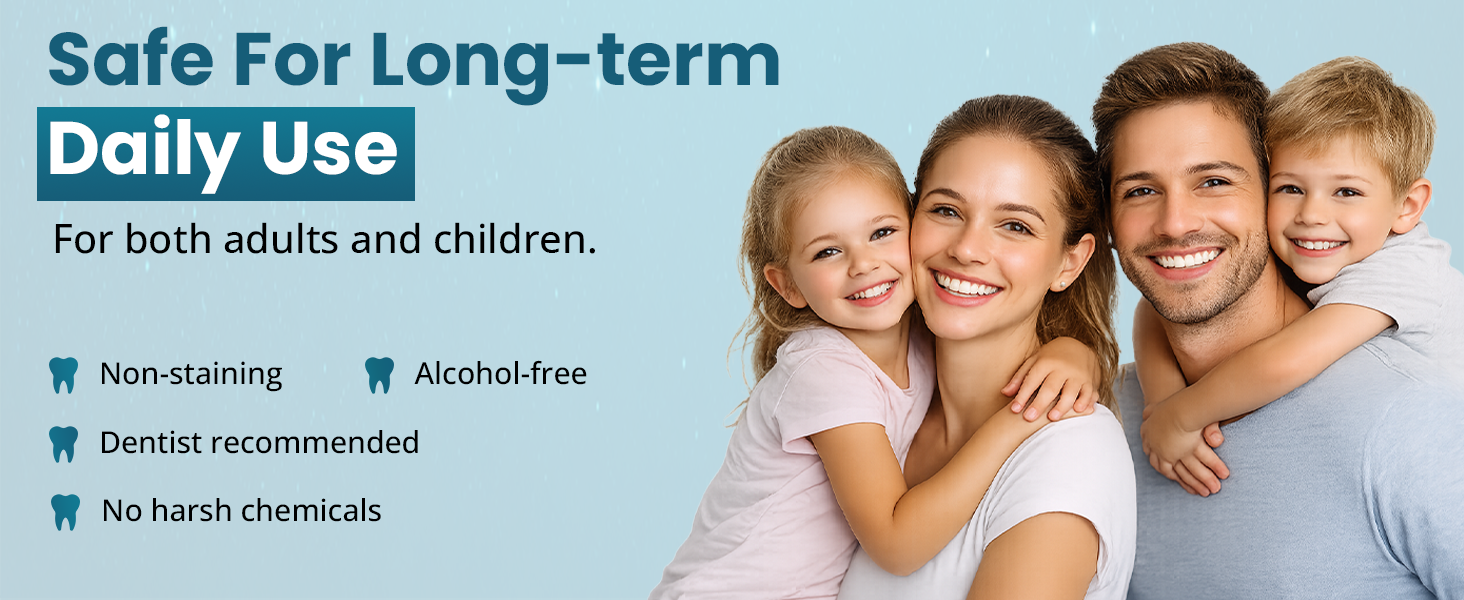 Alcohol-free fluoride mouth rinse for daily family use with non-staining mint formula