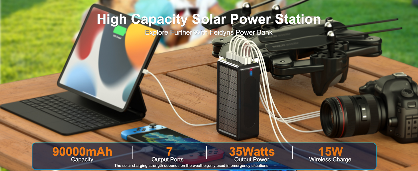 90000mAh Power Bank Solar Wireless Charger, PD 35W Fast Charging USB-C Portable Power Station