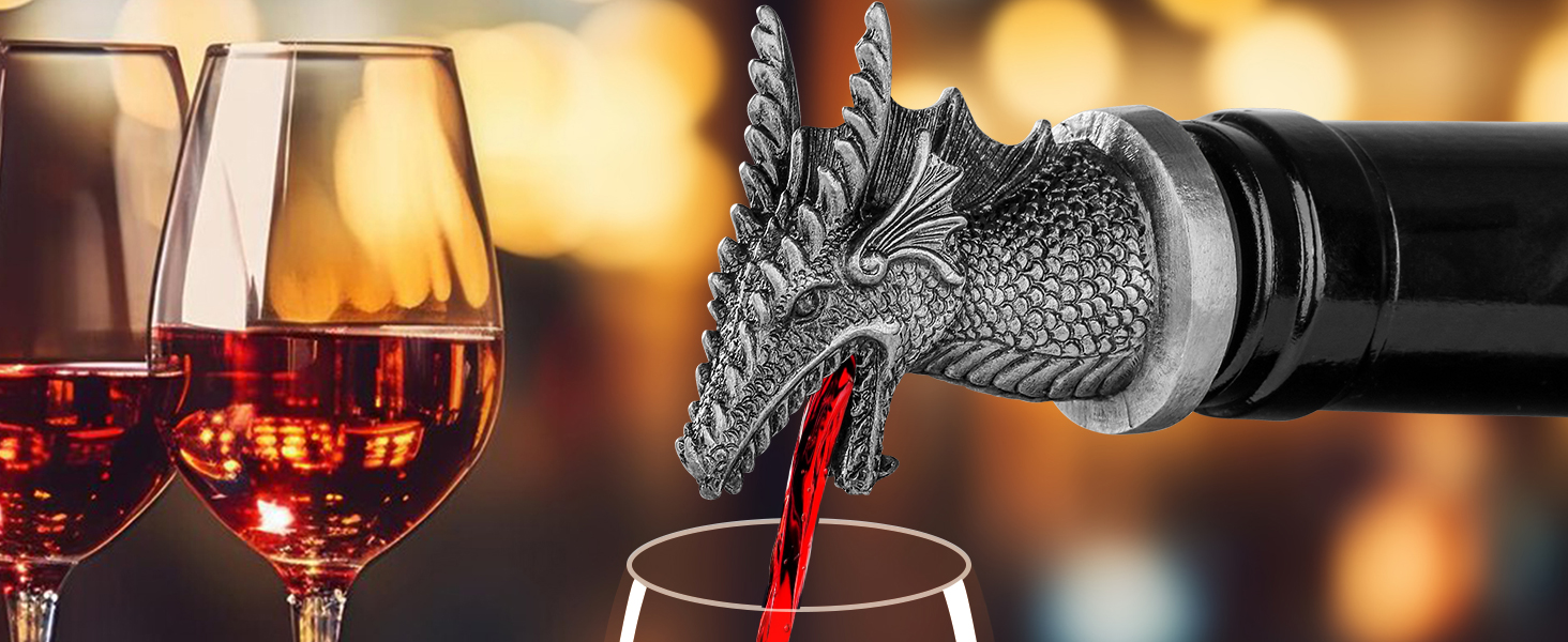 Decorative dragon-shaped wine bottle pourer with intricate scaled design, shown pouring red wine into glasses with warm ambient lighting.