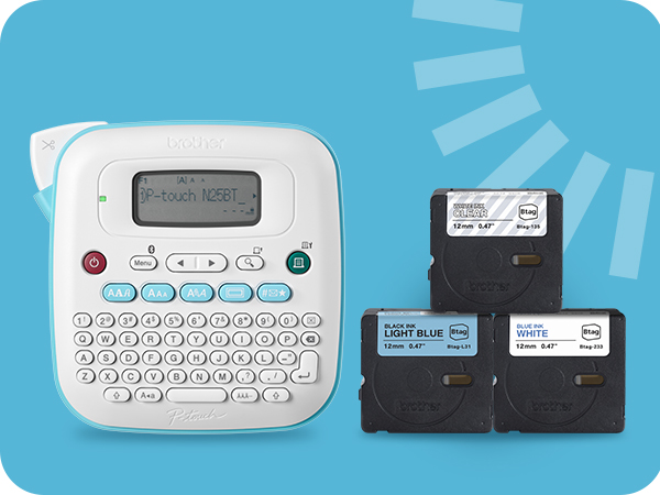 PT-N25BTV3 label maker shown with 3 included P-touch Btag 12mm (0.47-inch) label tape cartridges