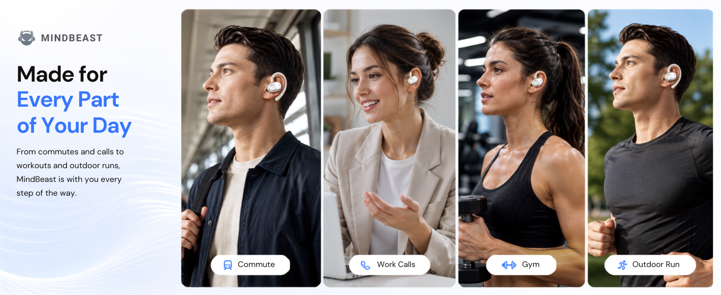 Open-ear earbuds for commute, calls, gym, and running