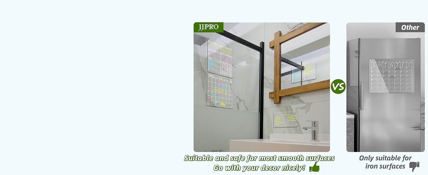 It can stick to any smooth surfaces such as glass, cabinet, ceramics wall or anywhere is easy to see