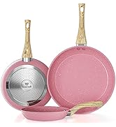 Frying Pan Nonstick Set, 8" &amp; 9.5" &amp; 11" Pink Egg Pan, Non Stick Fry Pan Set PFOA-Free Omelet Pan...
