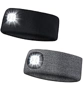 SUNPRO 2 Pack Sports Headband with LED Light, Beanie with Light, Unisex Knit Lighted Hat, USB Rec...