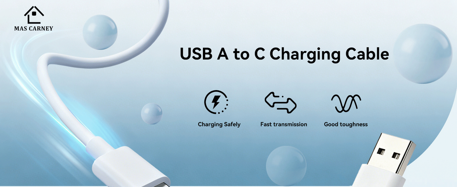Text reads 'USB A to C Charging Cable'. Technical icons show charging safety, fast transmission, and good toughness features. Product image shows white USB cable connectors against light blue background with bubble pattern.