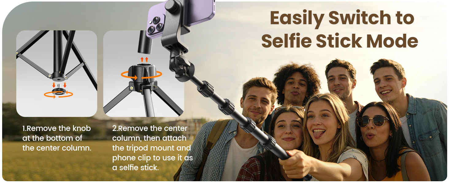 Easily converts into a selfie stick for versatile use, offering simple and convenient operation.