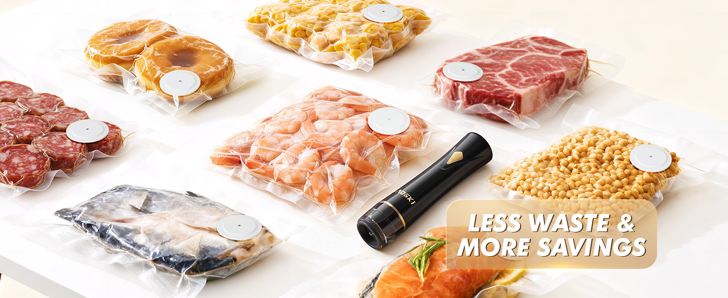 Assorted foods like meat, shrimp, beans, and donuts vacuum sealed with Aoski sealer for freshness