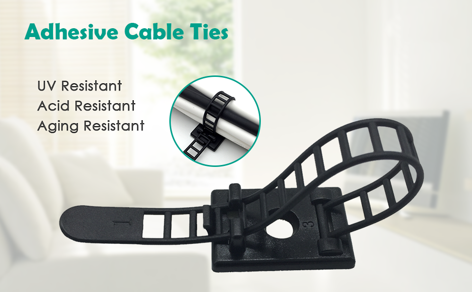 Text reads 'Adhesive Cable Ties'. Multiple views of black cable management clips with adhesive backing, showing installation and flexibility features.