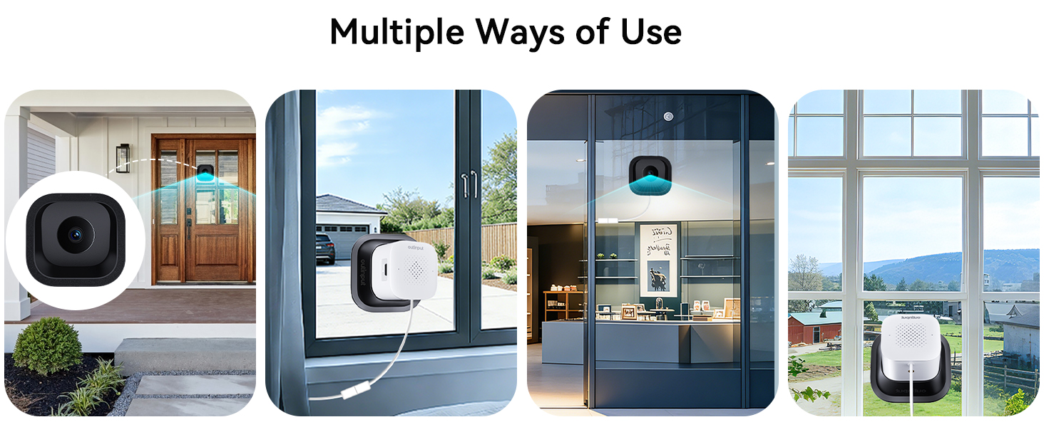 Text reads "Multiple Ways of Use". Series of interior shots showing security camera installations in various home settings with window views.