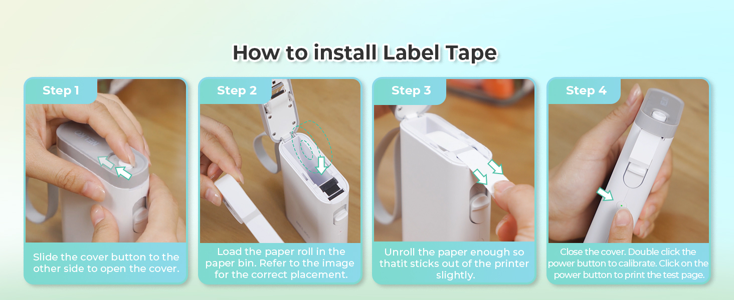 Step-by-step instruction guide for installing label tape in a handheld label maker. Four panels show inserting tape, closing cover, feeding tape, and final positioning.