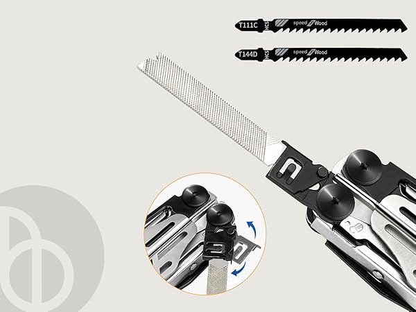 Set of power tool accessories including two jigsaw blades and a multi-tool attachment with various heads for cutting and sanding.
