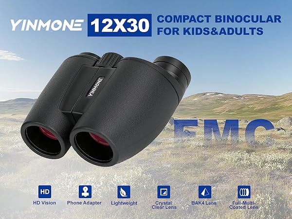 YINMONE 12X30 Compact Binocular with Phone Adapter FMC Lens BAK4 Prism HD Binocular
