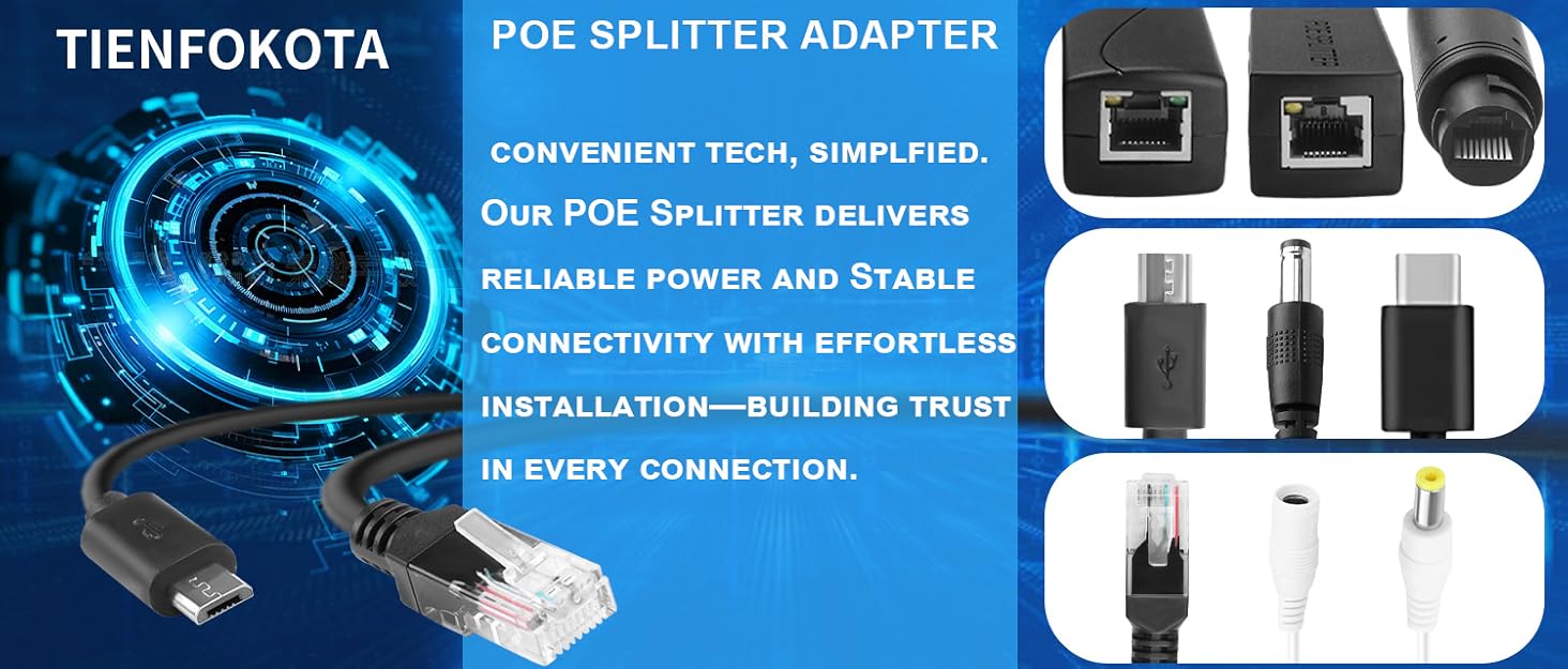 Text reads 'TIENFOKOTA POE SPLITTER ADAPTER' and 'CONVENIENT TECH, SUPPLIES'. Product image shows multiple black network adapters with ports.