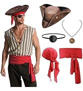 Fitnice 5PCS Pirate Costume Accessories Set for Men Halloween Pirate Hat Faux Leather Tricorn Hat...