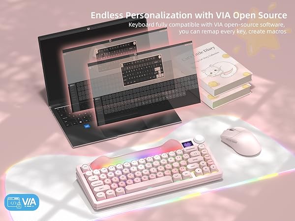 75% Wireless Mechanical Keyboard with Screen and Knob, Pink Cat Creamy Bluetooth Gaming Keyboard