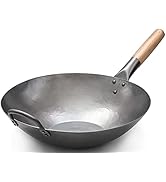 Craft Wok Flat Hand Hammered Carbon Steel Pow Wok with Wooden and Steel Helper Handle (14 Inch, F...