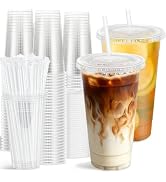 Clawsoff 100 Pack 24 oz Clear Plastic Cups with Lids and Straws Disposable | Cold Beverage, Leak-...