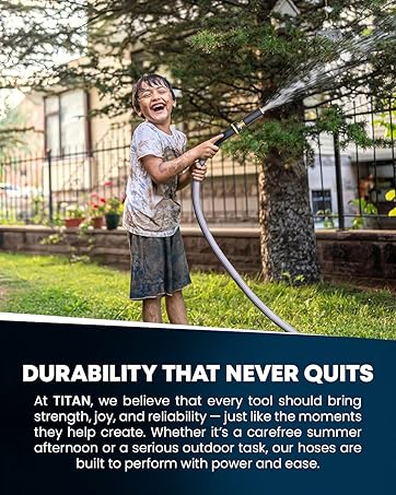 boy watering outdoor yard and lawn with titan lightweight heavy duty flexible garden hose