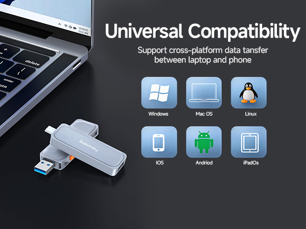 Text reads: 'Universal Compatibility' and 'support cross-platform data transfer between laptop and phone' with OS icons (Windows, Mac OS, Linux, iOS, Android, Kindle). White multi-connector cable adapter displayed next to laptop.