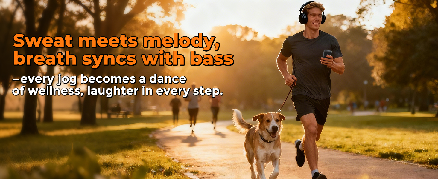 Man jogging with headphones and an MP3 player, running alongside a happy dog in the park.