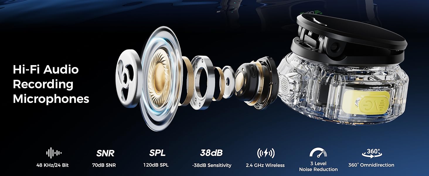 Text reads: 'Hi-Fi Audio Recording Microphones'. Exploded view diagram showing internal components of a microphone with technical specifications.
